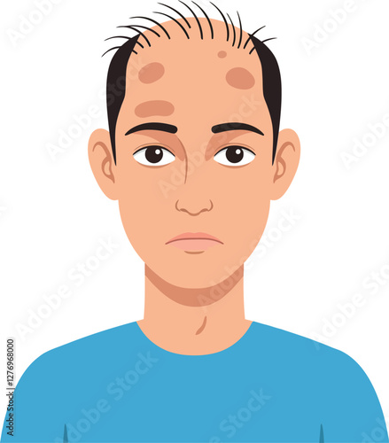A young man with a serious expression and thinning hair wearing a blue shirt in a flat vector illustration style showcasing emotion and character in vector art