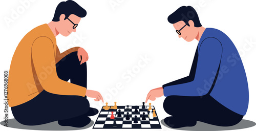 Two men engaged in a focused chess match on a black and white board in a minimalistic flat design vector illustration