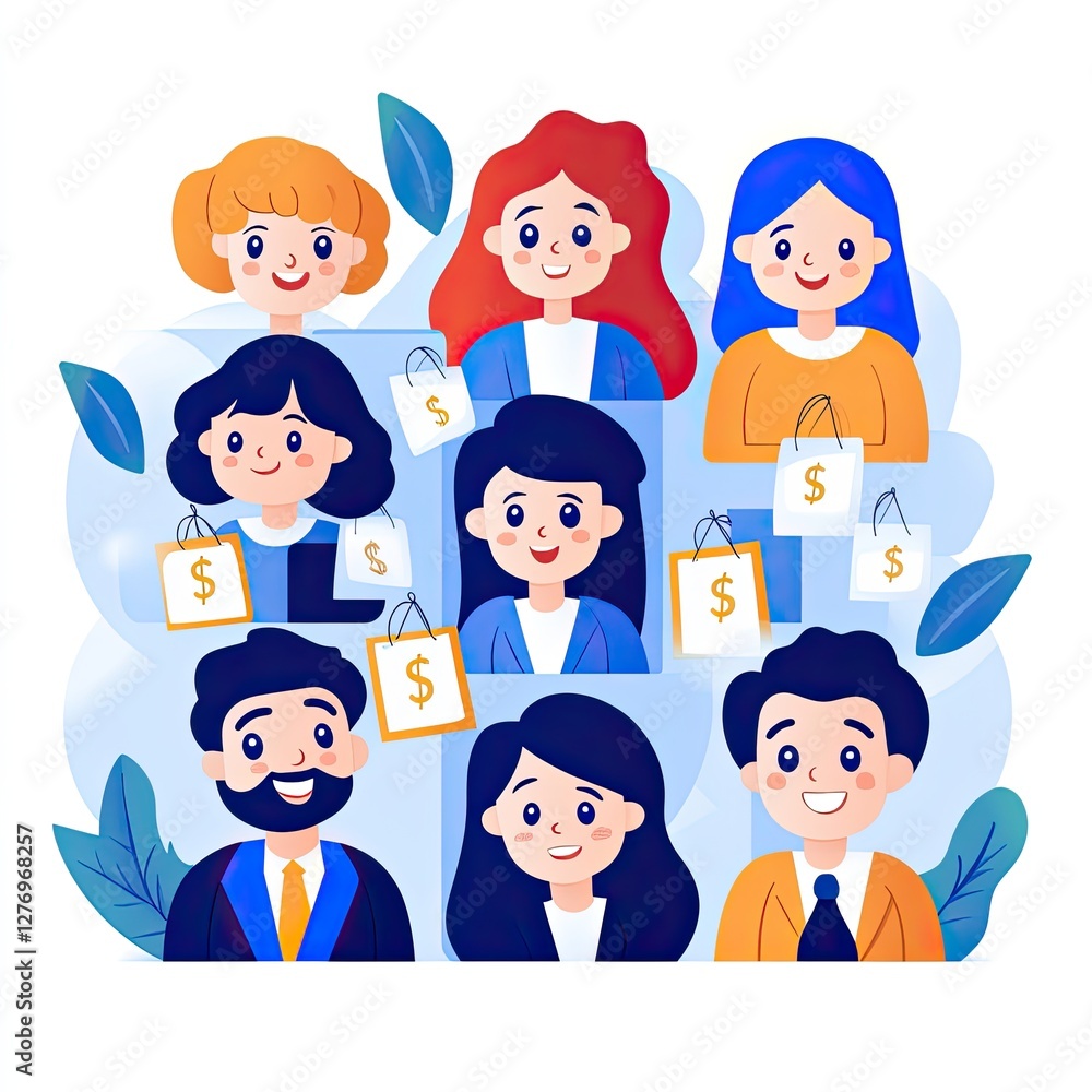 Group of people shopping together online, surrounded by plants and shopping bags. Possible use marketing