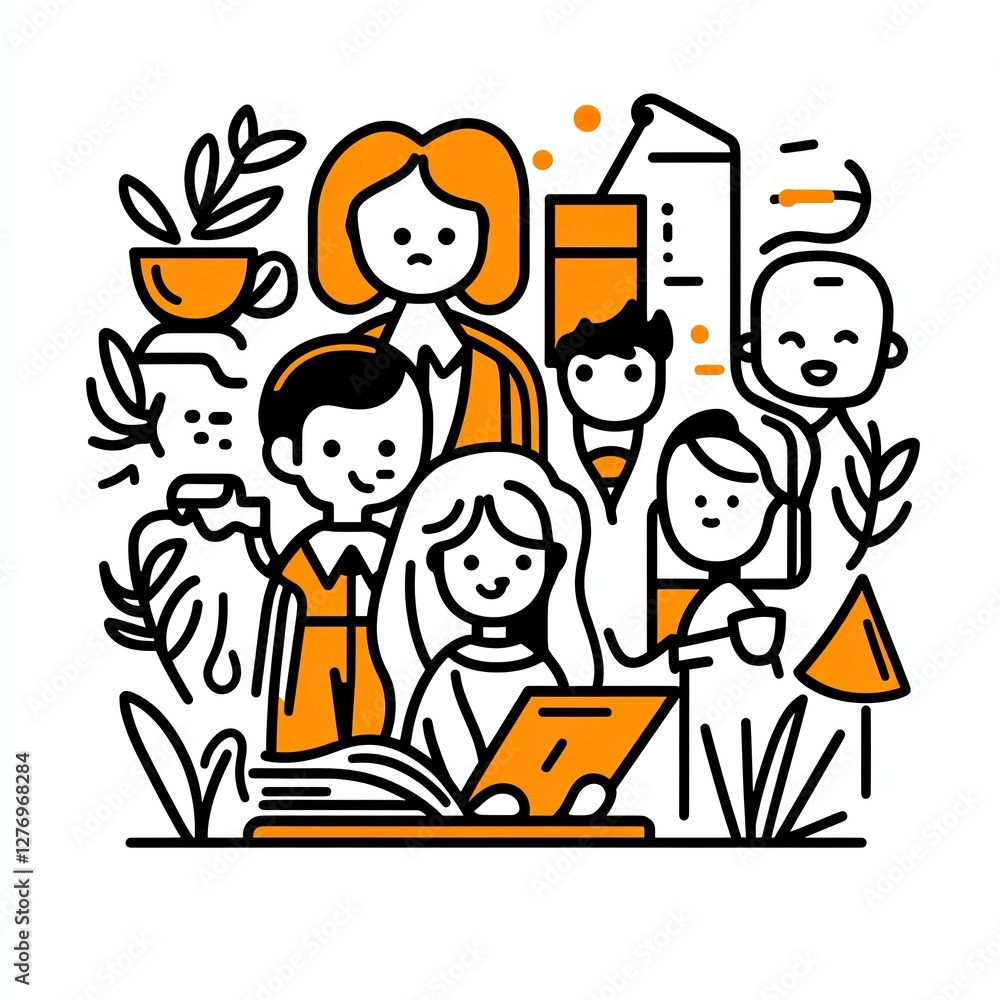 Group of people together reading, working and relaxing in the classroom with plants around Group of people together reading, working and relaxing in the classroom with plants around