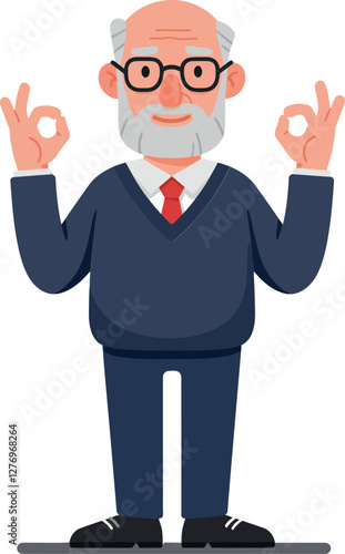 Elderly man with glasses and a gray beard wearing a blue sweater and red tie poses in a joyful manner with hands raised, flat vector illustration