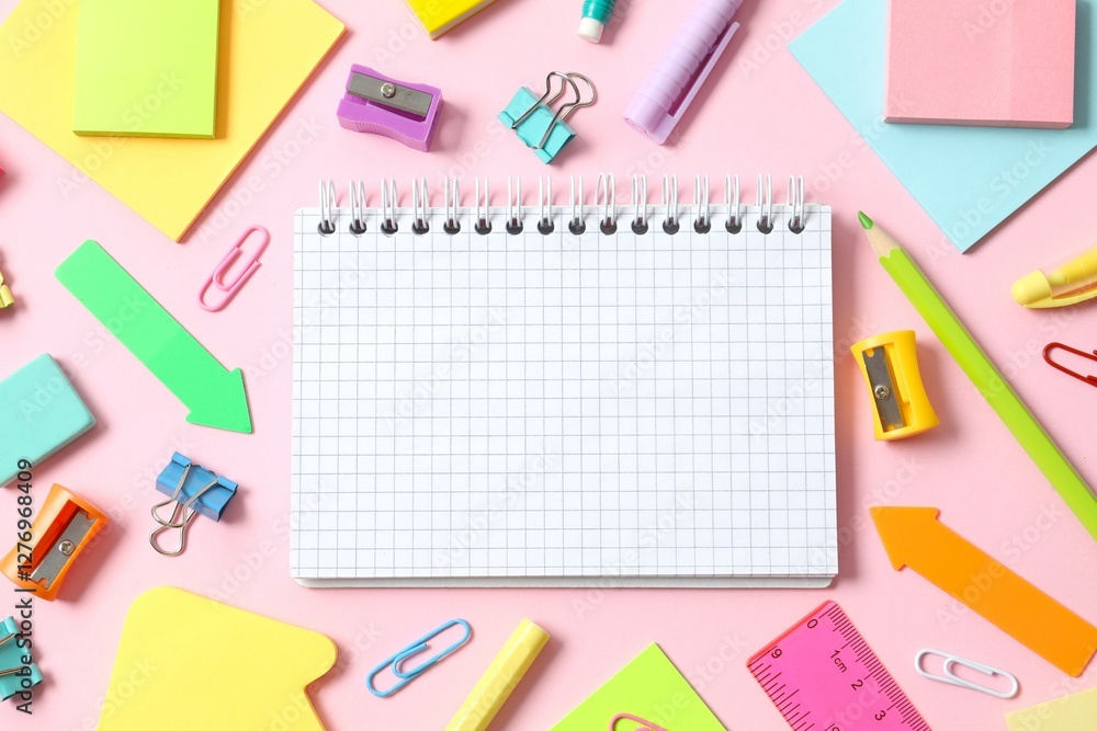 Flat lay with school stationery with notebook on pink background, top view Flat lay with school stationery with notebook on pink background, top view