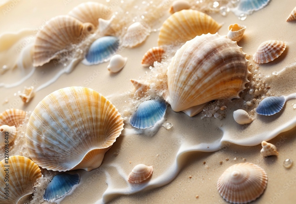 abstract yellow summer background with shells, sand and sea wave abstract yellow summer background with shells, sand and sea wave