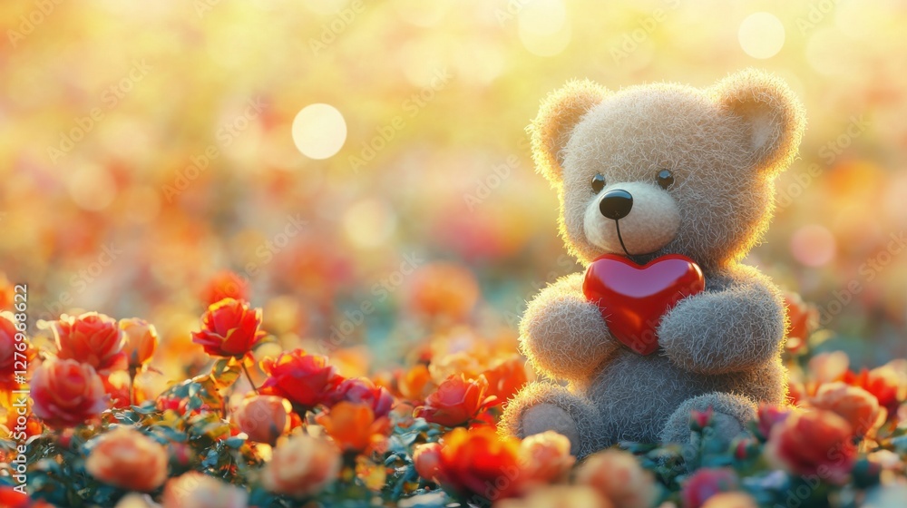 Cute teddy bear holding red heart in a colorful flower field Cute teddy bear holding red heart in a colorful flower field