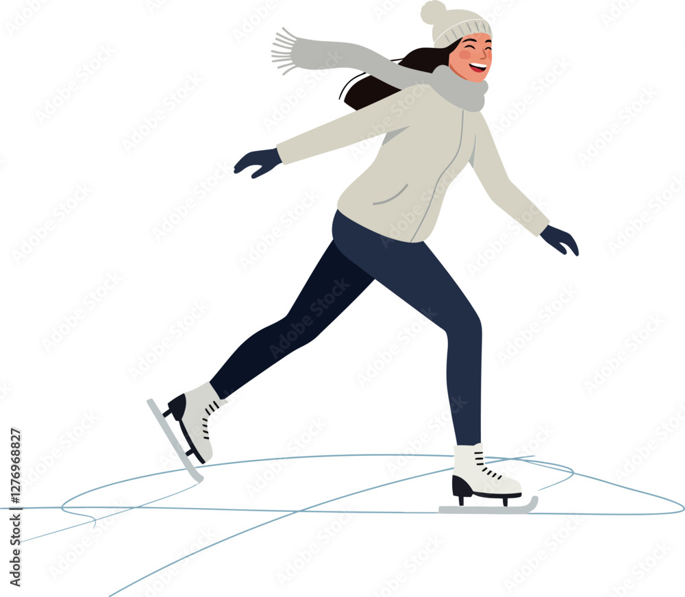 Obraz premium A cheerful young woman gracefully ice skating on a rink, dressed in winter attire, illustrated in a minimal style, showcasing dynamic movement in vector art