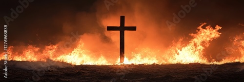 Faith Amidst the Flames - A cross stands defiant against a fiery inferno, symbolizing faith, resilience, hope, sacrifice, and divine power