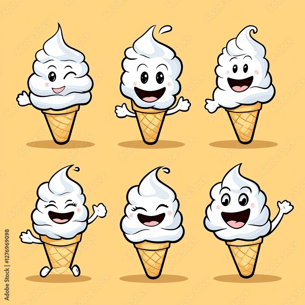 Happy ice cream cones with faces on yellow background, for children's books or party invitations Happy ice cream cones with faces on yellow background, for children's books or party invitations