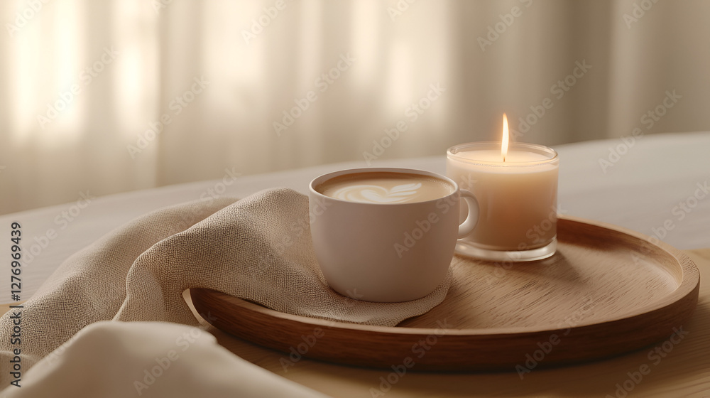 Cozy morning scene: latte art coffee and a candle on wooden tray in a peaceful setting. Serene vibes. Cozy morning scene: latte art coffee and a candle on wooden tray in a peaceful setting. Serene vibes.