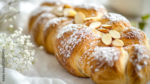 Freshly baked sweet Easter braided bread decorated with almonds on white plate linen table cloth. Traditional holiday pastry