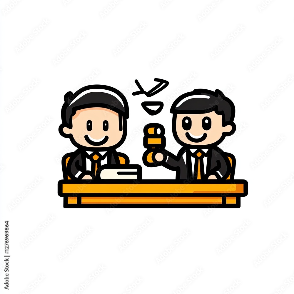 Illustration of two businessmen negotiating a deal at a desk in an office, with a plane flying above Illustration of two businessmen negotiating a deal at a desk in an office, with a plane flying above