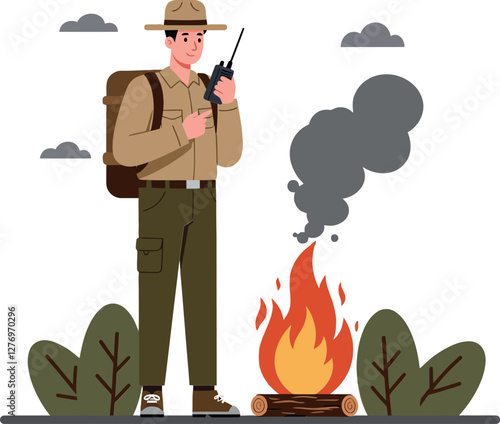 Park ranger standing by a campfire in a nature setting, wearing a hat and holding a radio, flat vector art