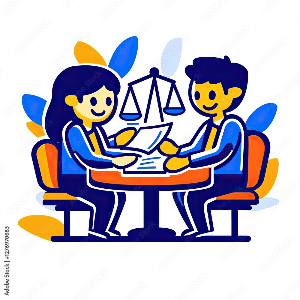 Legal consultation with a lawyer and client at a desk, resolving legal issues for an attorney Legal consultation with a lawyer and client at a desk, resolving legal issues for an attorney