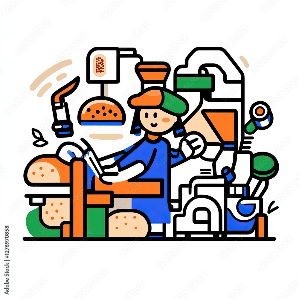 Making burger. Food preparation in a cartoon restaurant. Machine making food in background Making burger. Food preparation in a cartoon restaurant. Machine making food in background