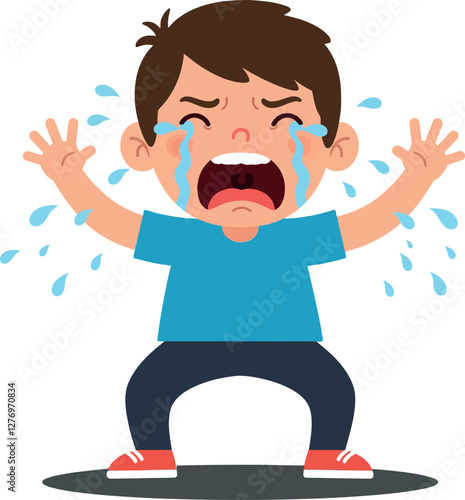 A distressed young boy with a blue shirt and dark pants crying loudly while tears stream down his face in a flat vector illustration