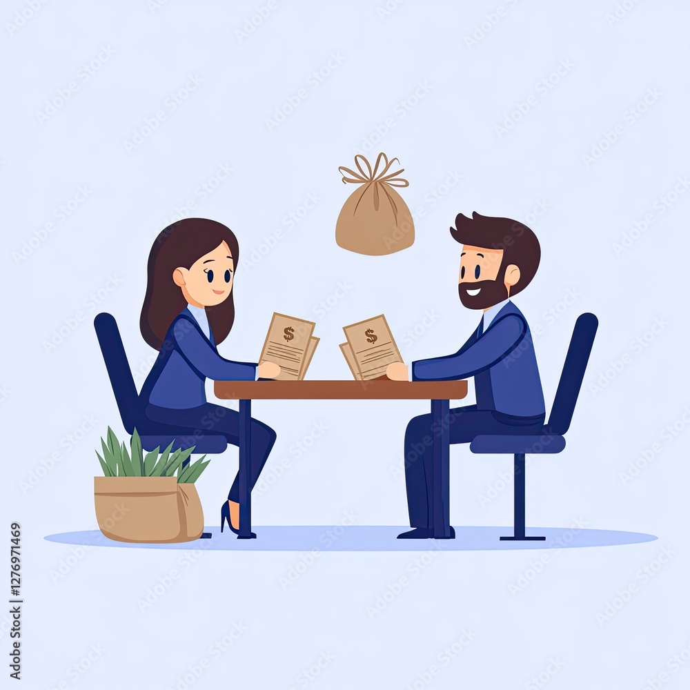 Meeting to discuss budget at office. Bag of money hangs over business persons table Meeting to discuss budget at office. Bag of money hangs over business persons table