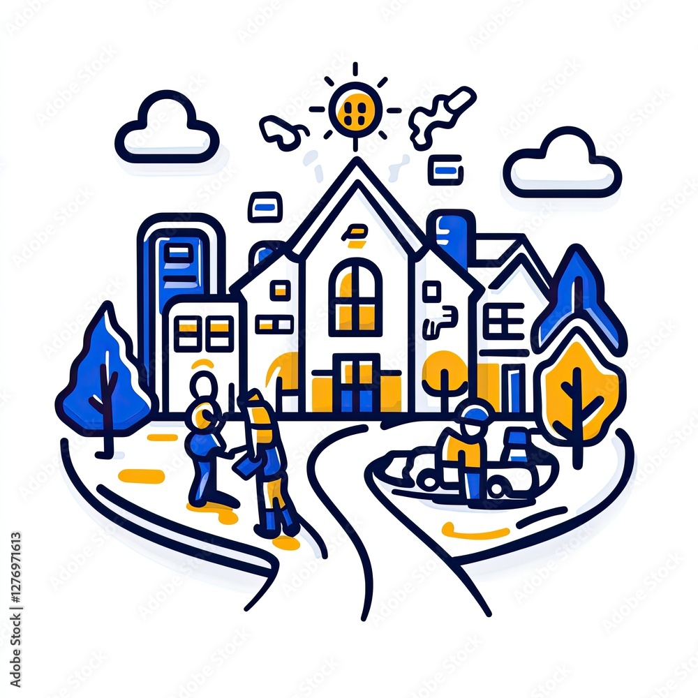Fototapeta premium Neighborhood scene with kids, school building, and sunny sky for educational or community illustration
