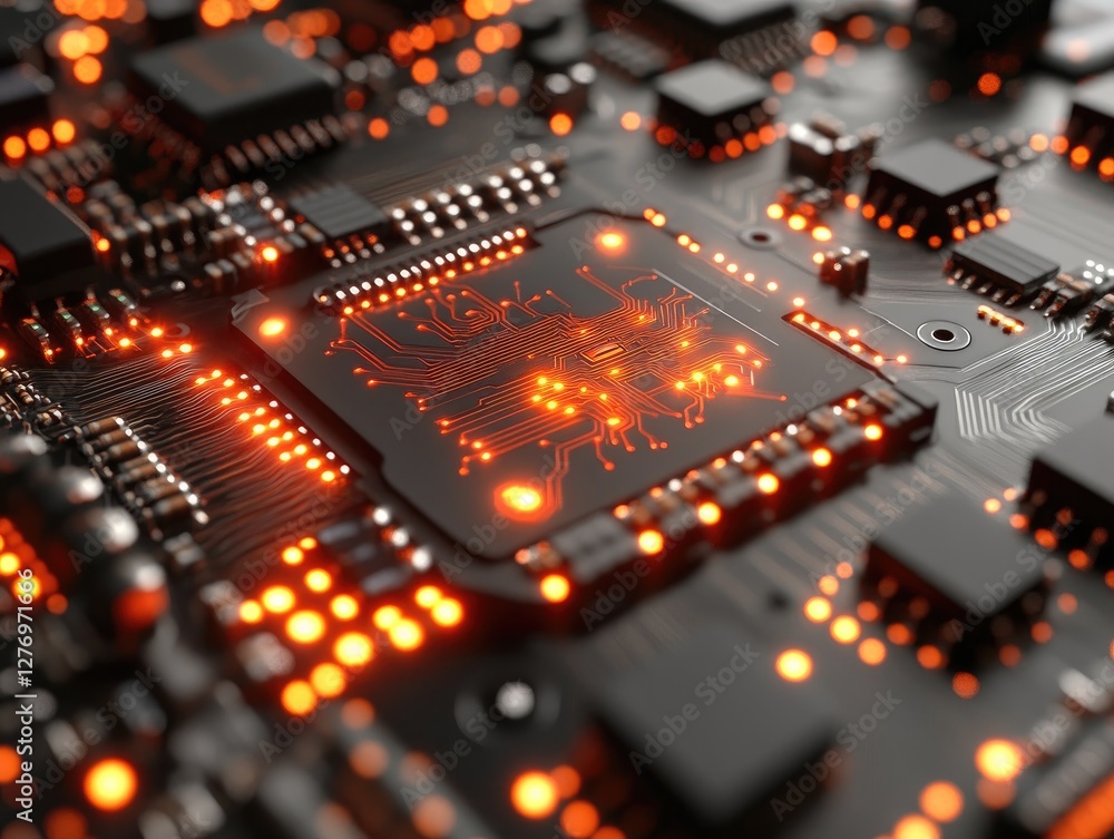 Obraz premium Circuit Board: Glowing Paths of Data Processing