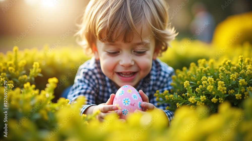 A boy hiding a decorated egg in bushes A boy hiding a decorated egg in bushes