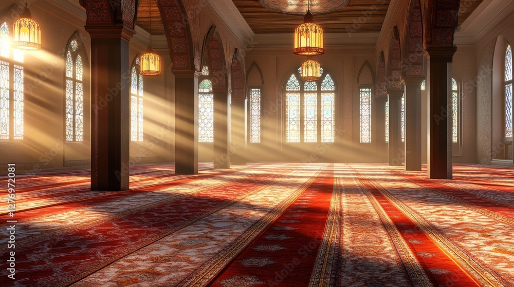 Obraz premium Serene Interior of an Elegant Mosque with Natural Light Beams