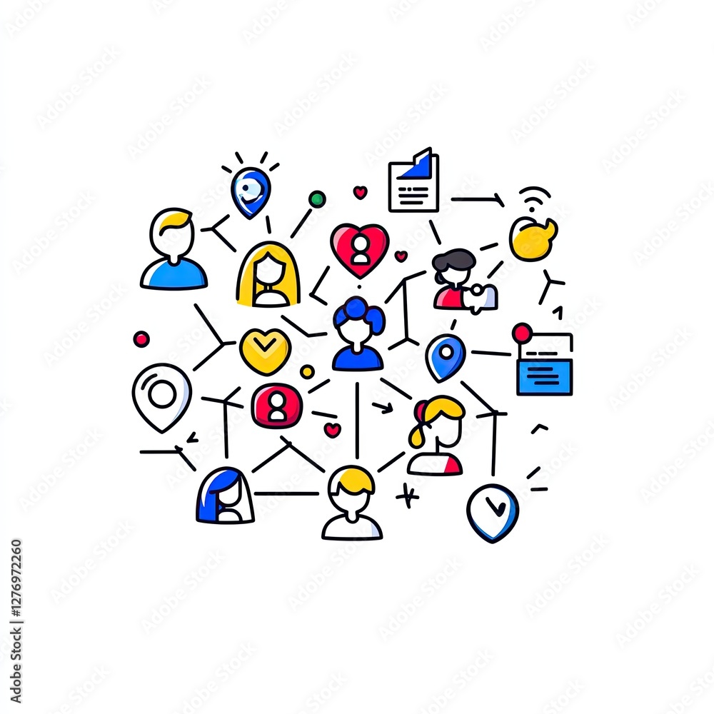 People network online, connected by lines. Icons around showing events and connectivity usage People network online, connected by lines. Icons around showing events and connectivity usage