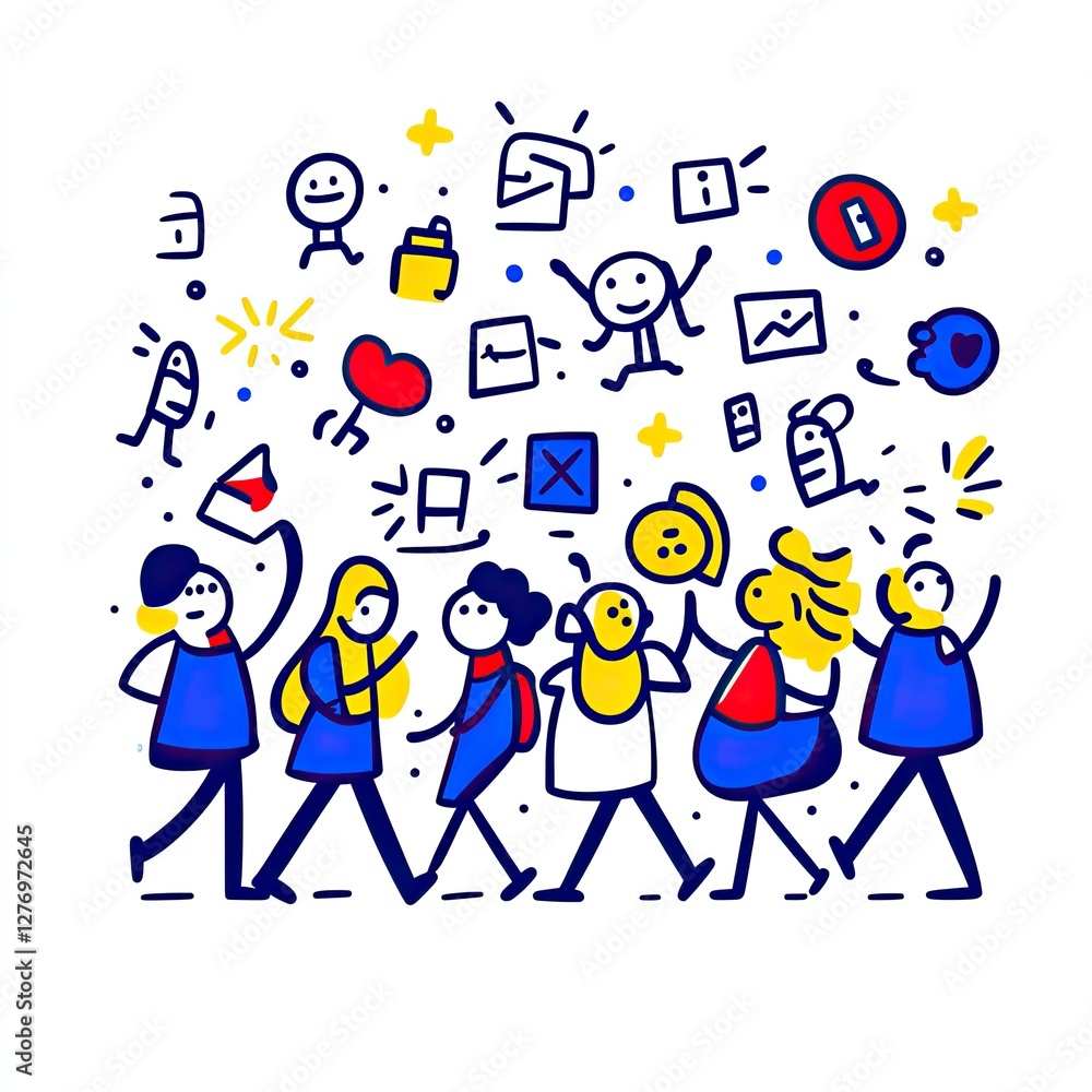Fototapeta premium People walking, celebrating, with many icons around them. For social media posts