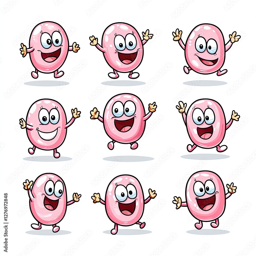 Fototapeta premium Pink Pill Characters Cheerfully Dance on White Background for Pharmaceutical Advertising/Education