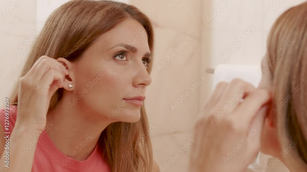 Beautiful woman cleaning ear with cotton swabs. Female using a cotton swab to clean her ear. Beautiful woman cleaning ear with cotton swabs. Female using a cotton swab to clean her ear.