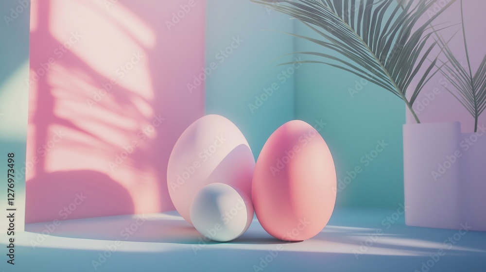 Fototapeta premium Unusually painted Three pastel-colored easter eggs resting on a floor, bathed in sunlight from a nearby window, create a serene, festive atmosphere