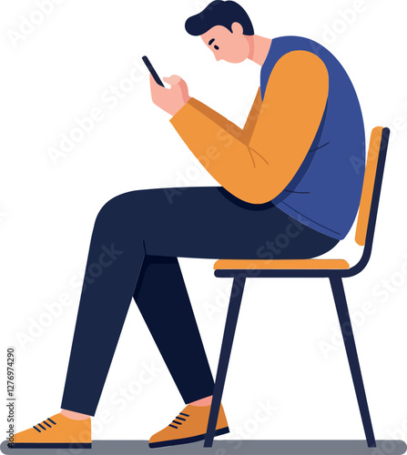 A man sitting on a chair with a smartphone in his hands, wearing casual clothes, flat design vector illustration