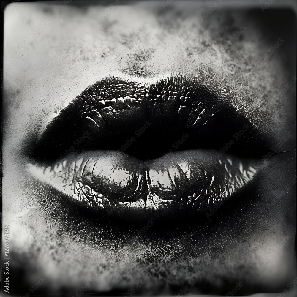 Obraz premium impronta di rosso rossetto su labbra di donna, Fingerprint of red lipstick on woman's lips