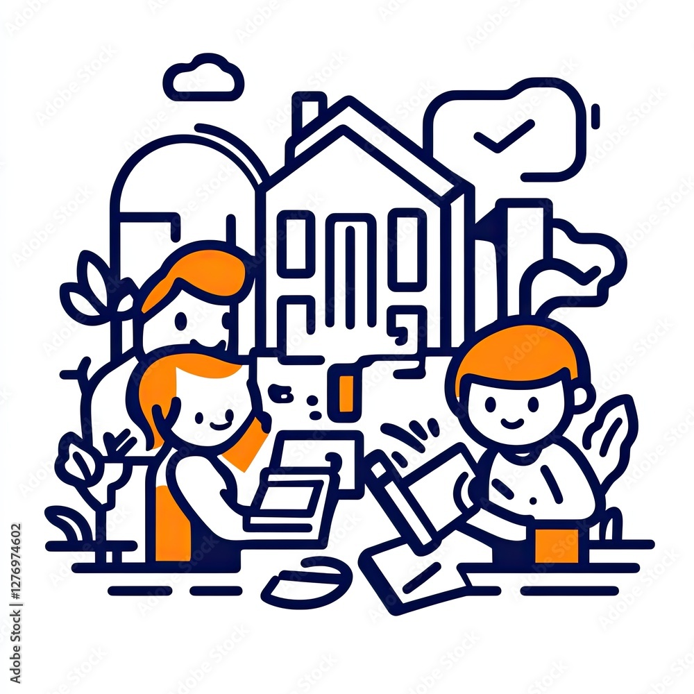 Students studying online at home with family around, distance learning illustration for education Students studying online at home with family around, distance learning illustration for education