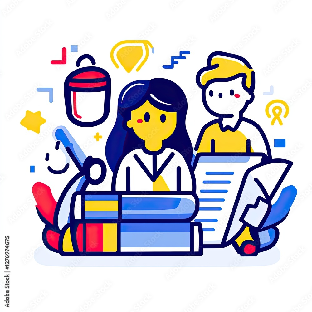 Students studying together with books and documents, education concept, vector style Students studying together with books and documents, education concept, vector style