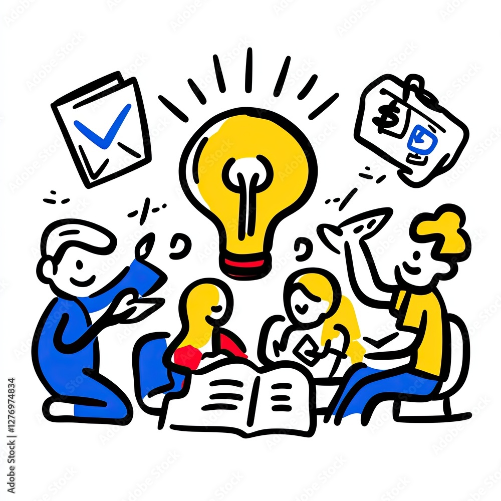 Team brainstorming ideas with a lightbulb and finance doodles. Creative teamwork concept Team brainstorming ideas with a lightbulb and finance doodles. Creative teamwork concept