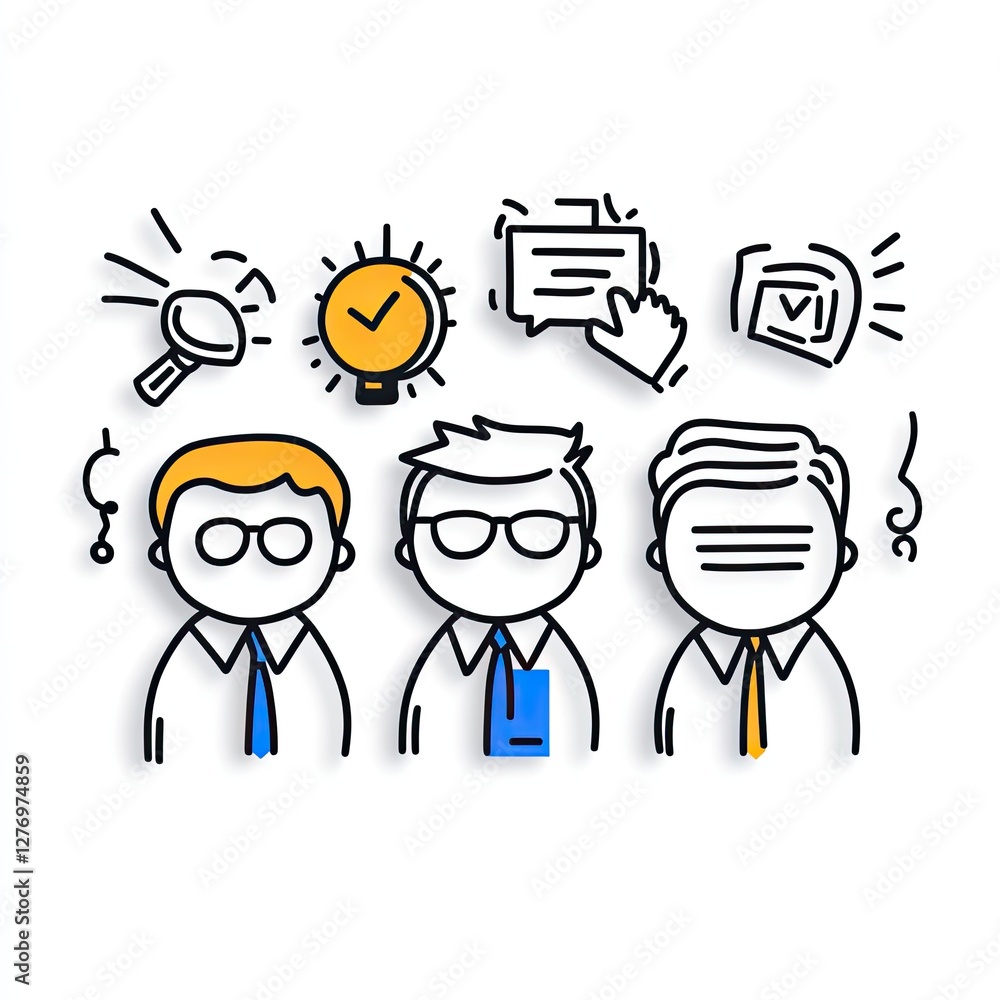 Team brainstorms solutions. Group icons with idea, strategy, communication for business presentation Team brainstorms solutions. Group icons with idea, strategy, communication for business presentation