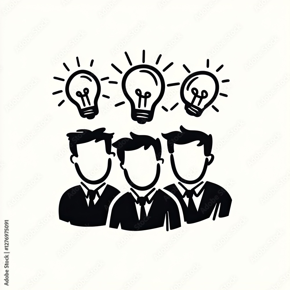 Team collaboration with lightbulb idea. People in suits. Problem solving concept
