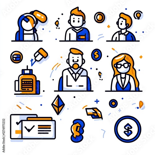 Team icons with money flow, contract, and ideas on white for business web design