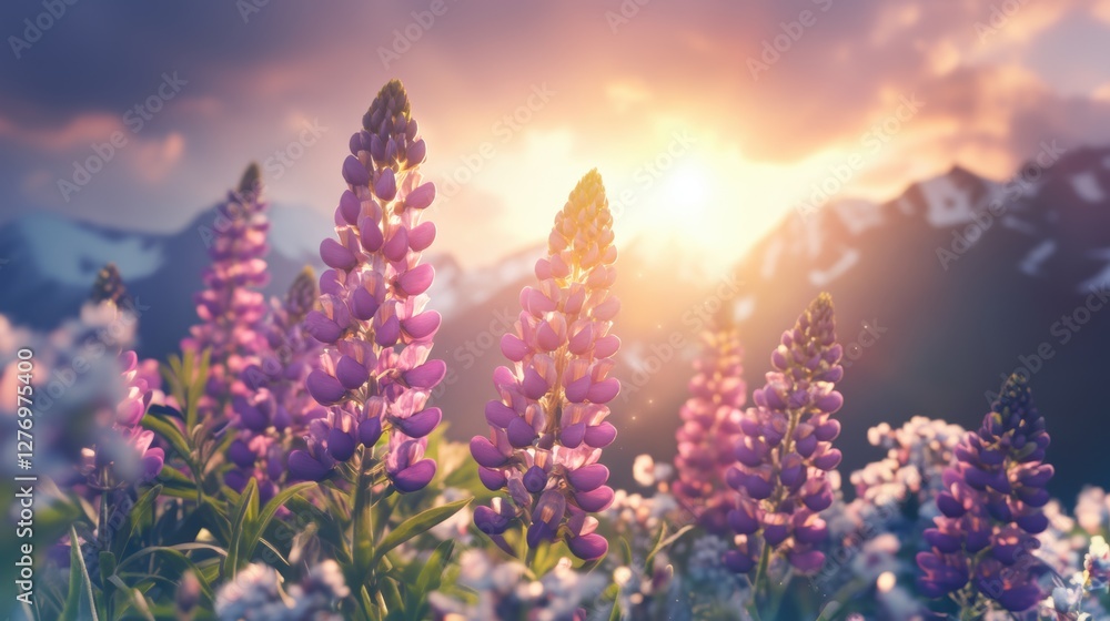 Naklejka premium Beautiful colorful wild flowers with snow mountain in Spring.