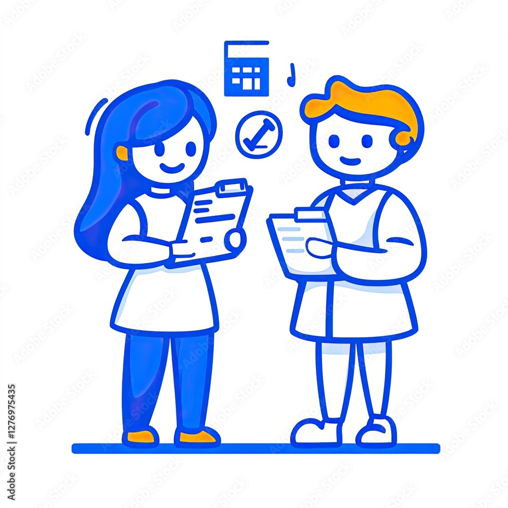 Team members review checklists for tasks, with icons of calculation and completed checklist overhead Team members review checklists for tasks, with icons of calculation and completed checklist overhead