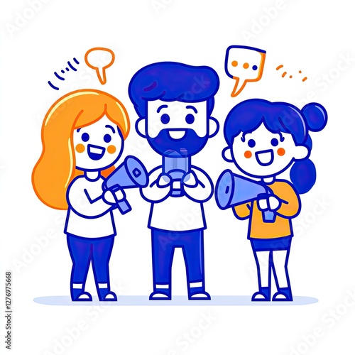 Team promoting message, with speech bubbles background. Use Marketing, advertisement, announcing