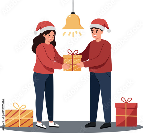 A cheerful couple exchanging gifts under a bright bell, wearing Santa hats in a warm and festive flat vector illustration