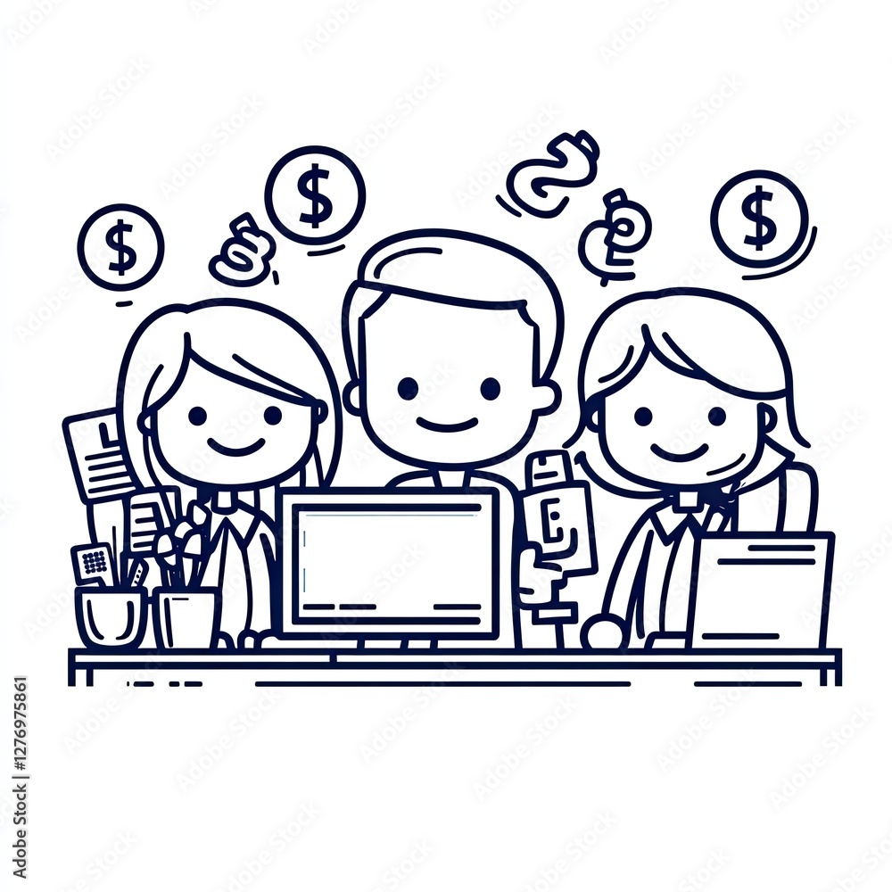 Team with computer getting funds in office. Graphic for business, finance concept Team with computer getting funds in office. Graphic for business, finance concept