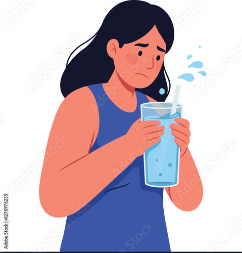 A woman holding a tall glass of water with a worried expression, flat design vector illustration depicting hydration concerns and emotional mood