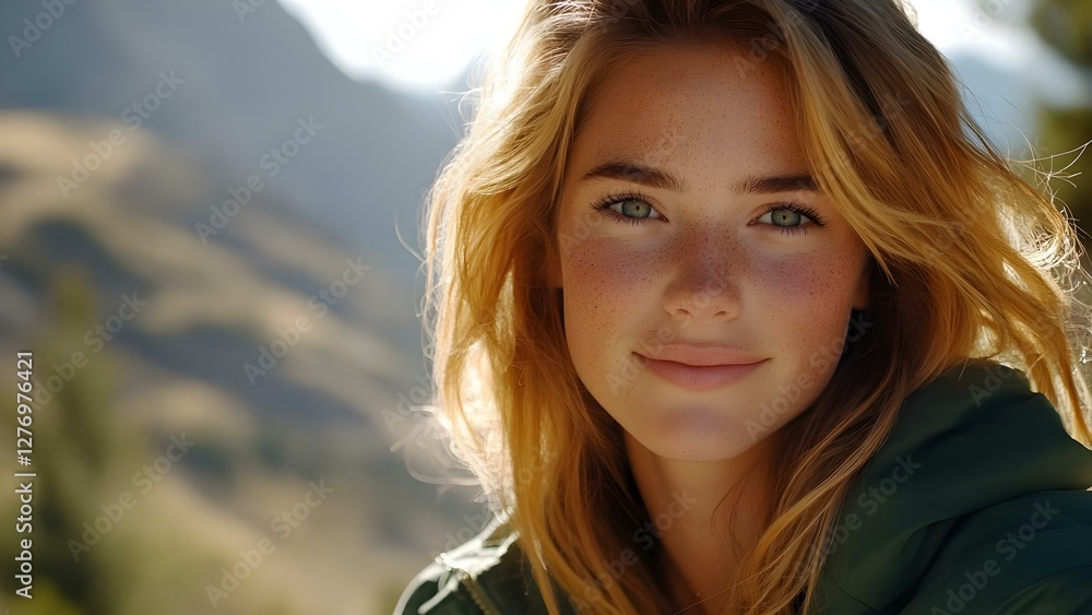 A smiling young woman with long blonde hair and freckles, set against a blurred natural background. Concept Portrait Photography, Natural Light, Outdoor Portraits, Freckles and Beauty A smiling young woman with long blonde hair and freckles, set against a blurred natural background. Concept Portrait Photography, Natural Light, Outdoor Portraits, Freckles and Beauty