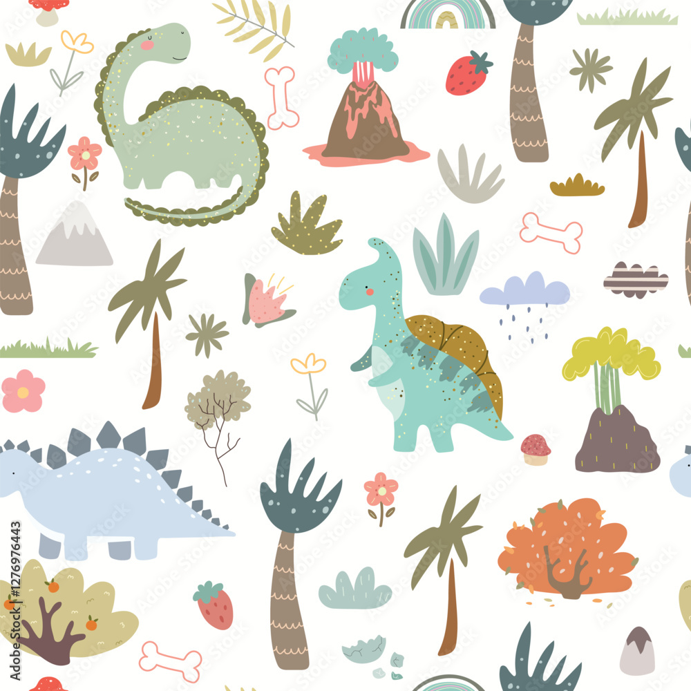 World of dinosaur and plants, doodle. Seamless pattern with hand drawn nature, dino, ducks, volcano on white background.
World of dinosaur and plants, doodle. Seamless pattern with hand drawn nature, dino, ducks, volcano on white background.