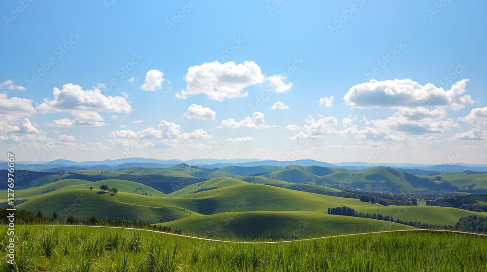 a picturesque landscape with rolling green hills under a bright blue sky dotted with fluffy white clouds. a picturesque landscape with rolling green hills under a bright blue sky dotted with fluffy white clouds.