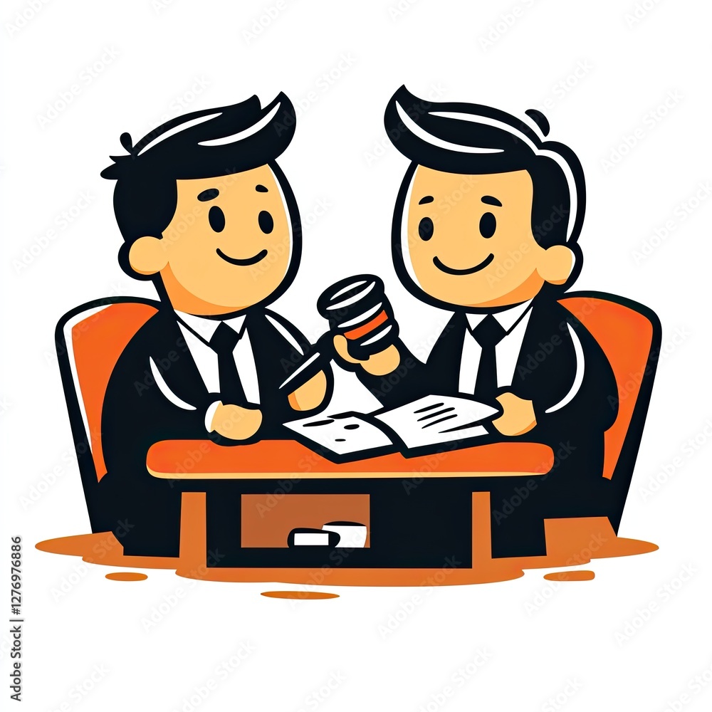 Two cartoon men sign a deal at a desk; for legal or office concepts; simple background Two cartoon men sign a deal at a desk; for legal or office concepts; simple background
