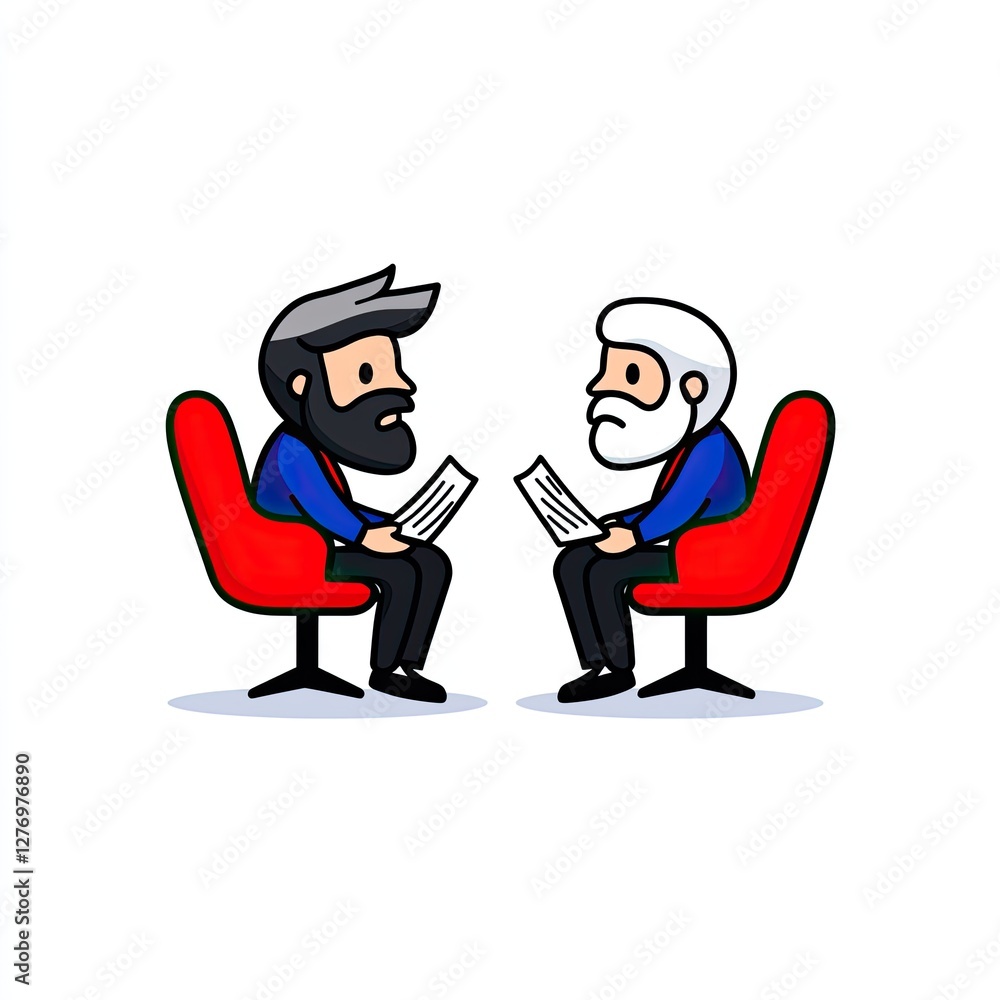 Two cartoon men sitting in red chairs, face-to-face, discussing documents in a minimal setting Two cartoon men sitting in red chairs, face-to-face, discussing documents in a minimal setting
