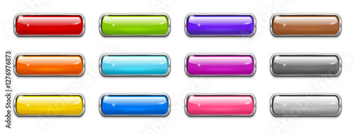 Glossy web buttons with metal frame. 3d glass labels, color icons with silver border. Modern blank shiny website buttons with chrome frames, vector illustration