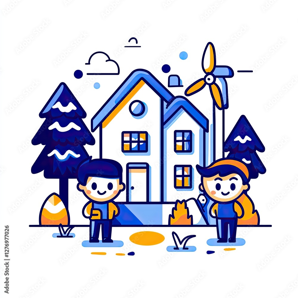Two kids near the house with wind turbine for green energy promotion Two kids near the house with wind turbine for green energy promotion