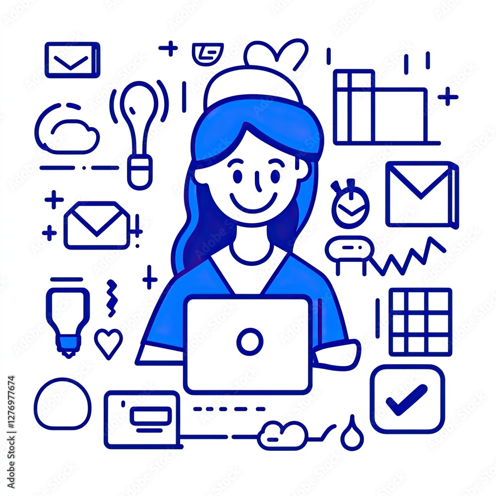 Woman using laptop, work from home concept with icons of productivity tools around her for business Woman using laptop, work from home concept with icons of productivity tools around her for business
